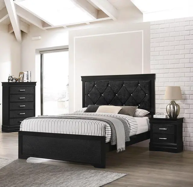 Alt view image 4 of 5 - Modern 1pc Black Finish 5-Drawer Tall Chest Wooden Textured Finish Crystal Tufted Handle Furniture