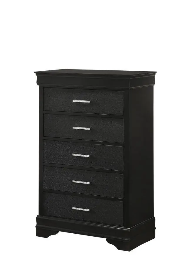 Alt view image 2 of 5 - Modern 1pc Black Finish 5-Drawer Tall Chest Wooden Textured Finish Crystal Tufted Handle Furniture
