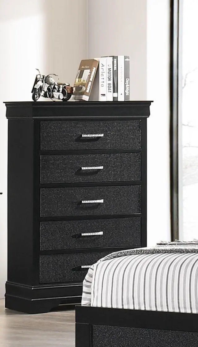 Main image of Modern 1pc Black Finish 5-Drawer Tall Chest Wooden Textured Finish Crystal Tufted Handle Furniture