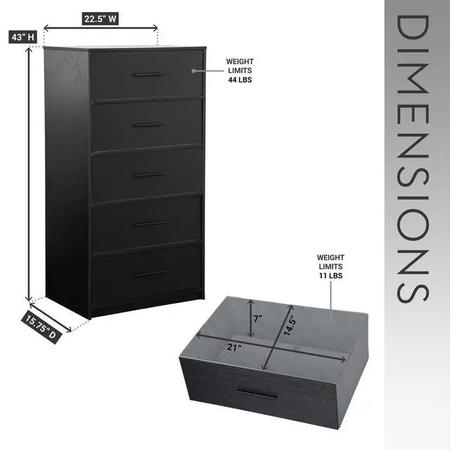 Alt view image 4 of 7 - 5-Drawer Dresser with Large Fabric Drawers, Black