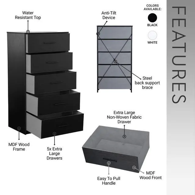 Alt view image 3 of 7 - 5-Drawer Dresser with Large Fabric Drawers, Black
