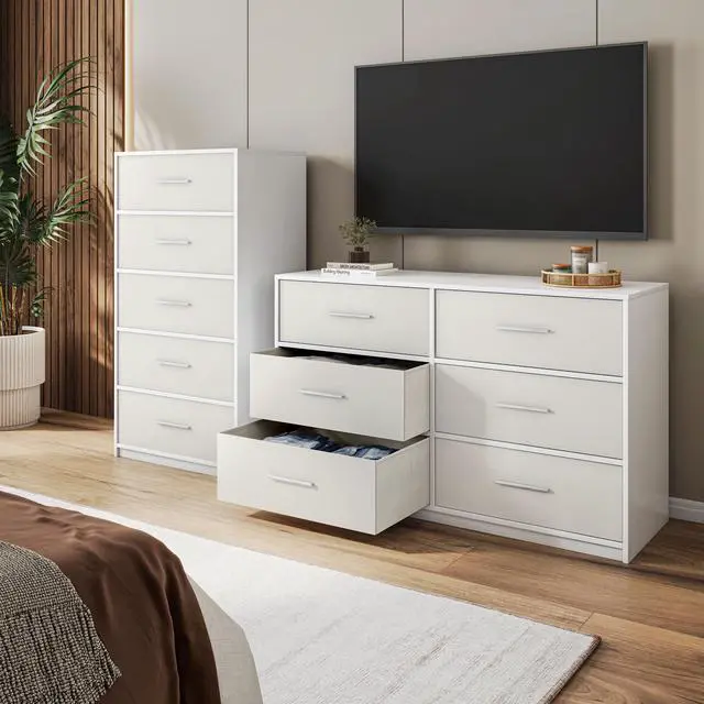 Main image of 5-Drawer Dresser with Large Fabric Drawers, White