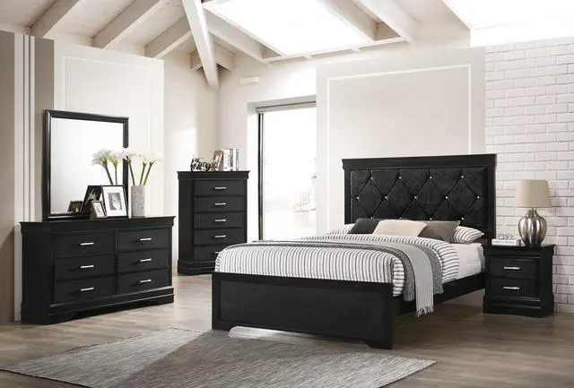 Alt view image 5 of 5 - Modern 1pc Black Finish 5-Drawer Tall Chest Wooden Textured Finish Crystal Tufted Handle Furniture