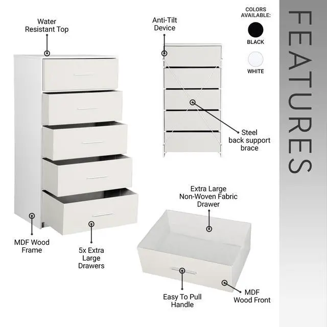 Alt view image 3 of 7 - 5-Drawer Dresser with Large Fabric Drawers, White