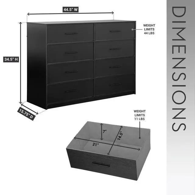 Alt view image 4 of 7 - 8-Drawer Dresser with Large Fabric Drawers, Black