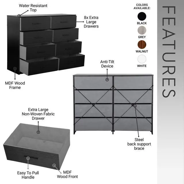 Alt view image 3 of 7 - 8-Drawer Dresser with Large Fabric Drawers, Black