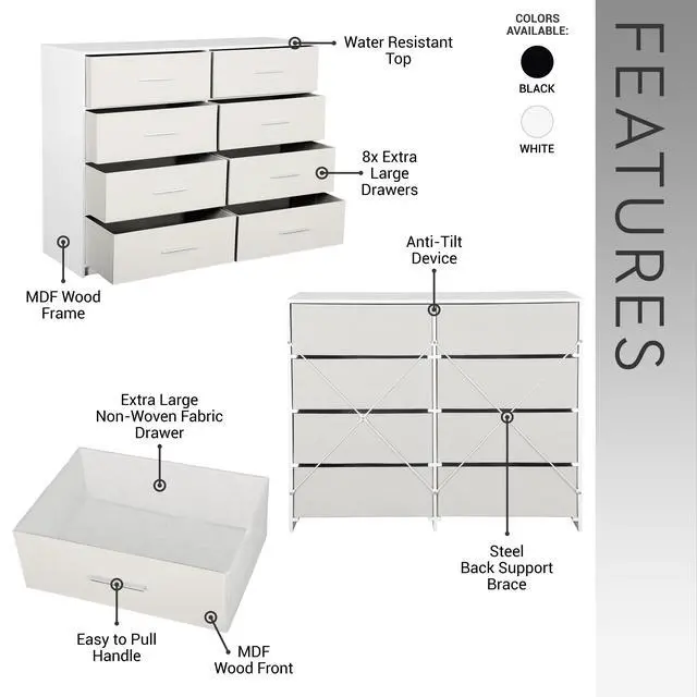 Alt view image 3 of 7 - 8-Drawer Dresser with Large Fabric Drawers, White