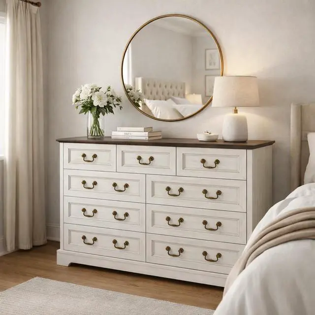 Alt view image 3 of 7 - Farmhouse 9-Drawer Dresser, Rustic Wooden Chest of Drawers with Metal Handles, Wide Storage Dresser TV Stand for Bedroom, Living Room, Hallway, Dining Room, (Grey)