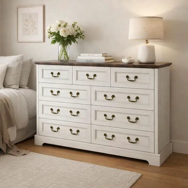 Alt view image 2 of 7 - Farmhouse 9-Drawer Dresser, Rustic Wooden Chest of Drawers with Metal Handles, Wide Storage Dresser TV Stand for Bedroom, Living Room, Hallway, Dining Room, (Grey)