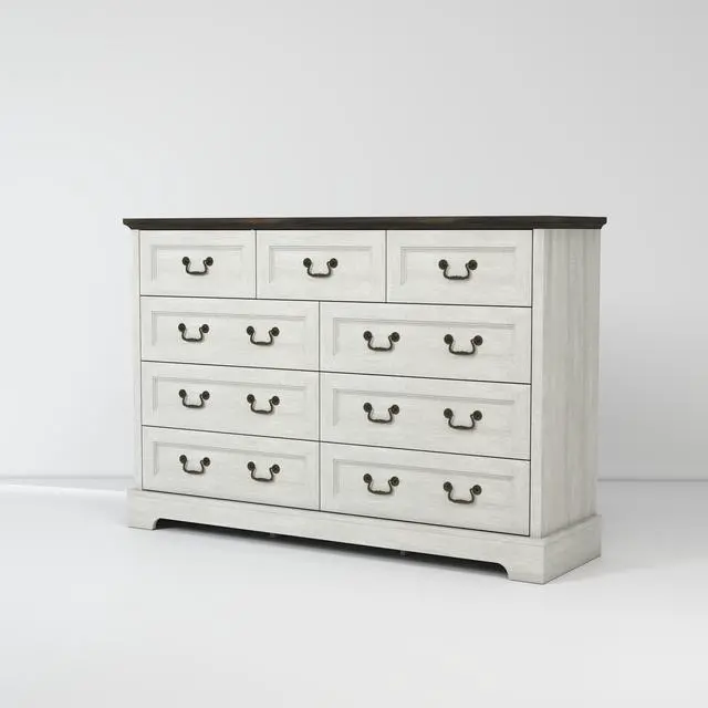 Alt view image 5 of 7 - Farmhouse 9-Drawer Dresser, Rustic Wooden Chest of Drawers with Metal Handles, Wide Storage Dresser TV Stand for Bedroom, Living Room, Hallway, Dining Room, (Grey)