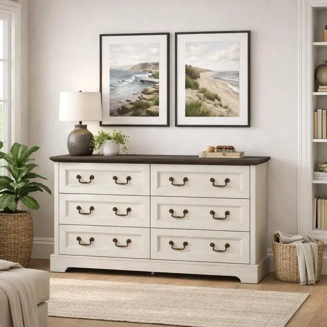 Alt view image 2 of 7 - Farmhouse 6-Drawer Dresser, Rustic Wooden Chest of Drawers with Metal Handles, Wide Storage Dresser TV Stand for Bedroom, Living Room, Hallway, Dining Room (Grey)