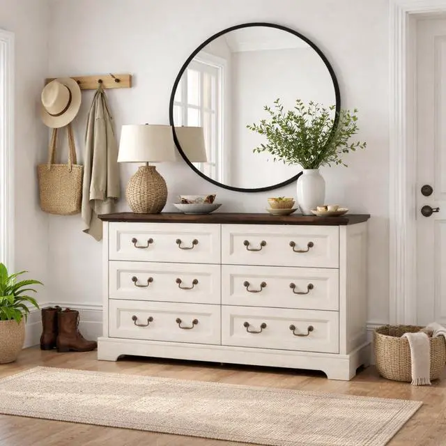 Alt view image 3 of 7 - Farmhouse 6-Drawer Dresser, Rustic Wooden Chest of Drawers with Metal Handles, Wide Storage Dresser TV Stand for Bedroom, Living Room, Hallway, Dining Room (Grey)