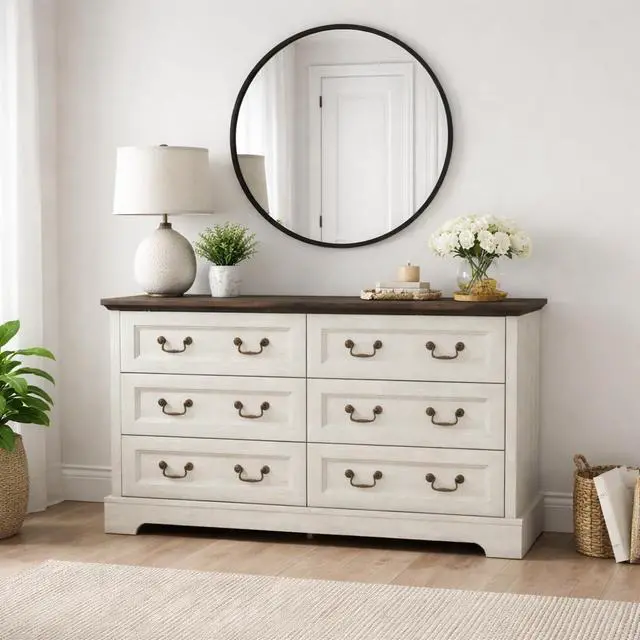 Main image of Farmhouse 6-Drawer Dresser, Rustic Wooden Chest of Drawers with Metal Handles, Wide Storage Dresser TV Stand for Bedroom, Living Room, Hallway, Dining Room (Grey)