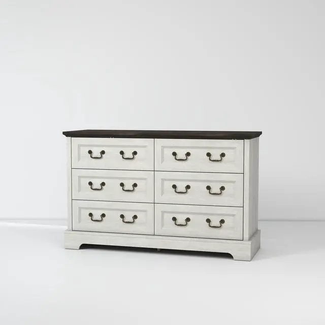 Alt view image 5 of 7 - Farmhouse 6-Drawer Dresser, Rustic Wooden Chest of Drawers with Metal Handles, Wide Storage Dresser TV Stand for Bedroom, Living Room, Hallway, Dining Room (Grey)