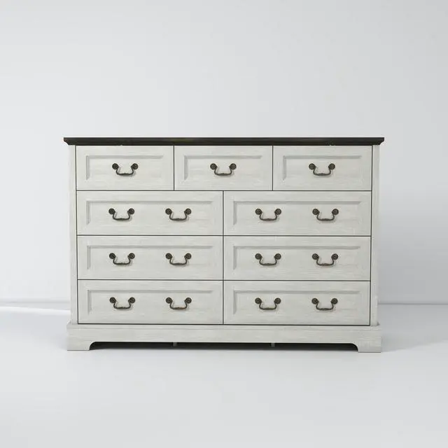 Alt view image 6 of 7 - Farmhouse 9-Drawer Dresser, Rustic Wooden Chest of Drawers with Metal Handles, Wide Storage Dresser TV Stand for Bedroom, Living Room, Hallway, Dining Room, (Grey)