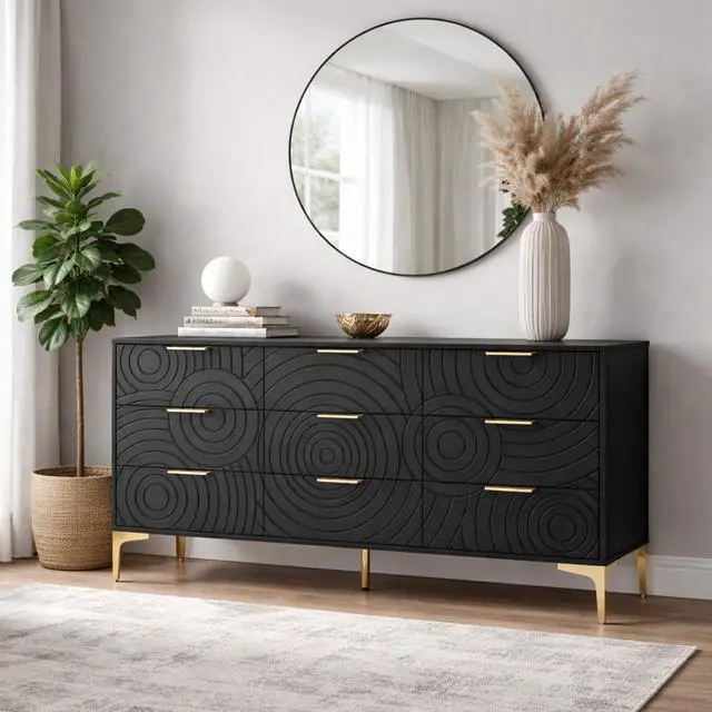 Main image of 9 Drawer Dresser, Modern Wooden Dresser Chest of Drawers with Metal Handles, Large Storage TV Stand for Bedroom, Living Room, Hallway, Closet Organizer (Black)