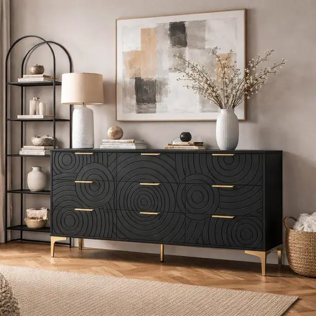 Alt view image 2 of 7 - 9 Drawer Dresser, Modern Wooden Dresser Chest of Drawers with Metal Handles, Large Storage TV Stand for Bedroom, Living Room, Hallway, Closet Organizer (Black)