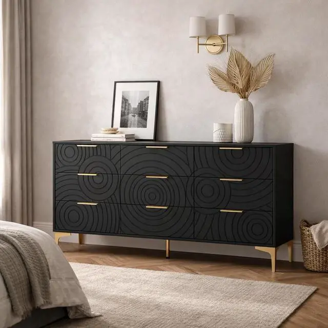 Alt view image 3 of 7 - 9 Drawer Dresser, Modern Wooden Dresser Chest of Drawers with Metal Handles, Large Storage TV Stand for Bedroom, Living Room, Hallway, Closet Organizer (Black)