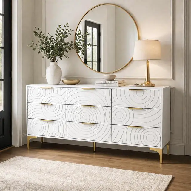 Alt view image 2 of 7 - 9 Drawer Dresser, Modern Wooden Dresser Chest of Drawers with Metal Handles, Large Storage TV Stand for Bedroom, Living Room, Hallway, Closet Organizer (White)