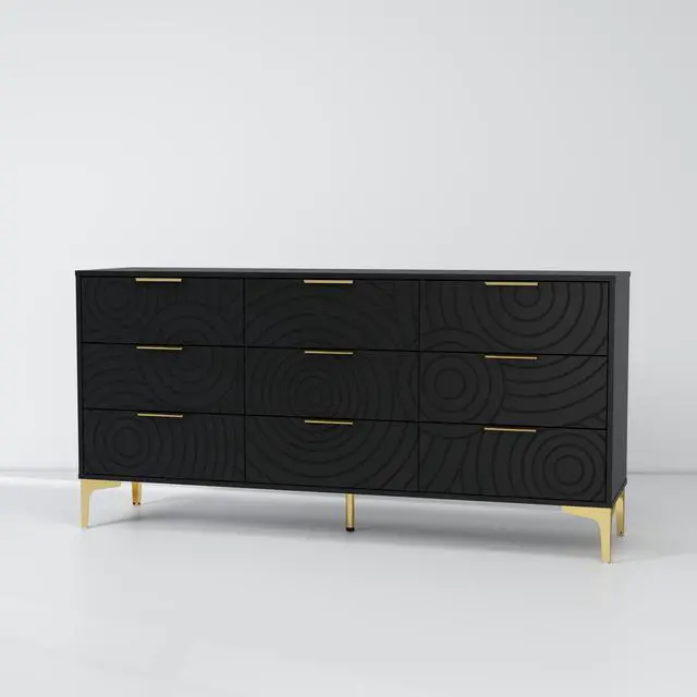 Alt view image 4 of 7 - 9 Drawer Dresser, Modern Wooden Dresser Chest of Drawers with Metal Handles, Large Storage TV Stand for Bedroom, Living Room, Hallway, Closet Organizer (Black)