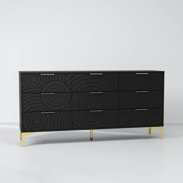 Alt view image 6 of 7 - 9 Drawer Dresser, Modern Wooden Dresser Chest of Drawers with Metal Handles, Large Storage TV Stand for Bedroom, Living Room, Hallway, Closet Organizer (Black)
