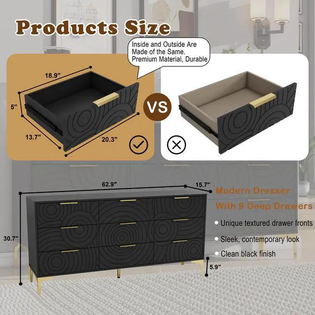 Alt view image 7 of 7 - 9 Drawer Dresser, Modern Wooden Dresser Chest of Drawers with Metal Handles, Large Storage TV Stand for Bedroom, Living Room, Hallway, Closet Organizer (Black)