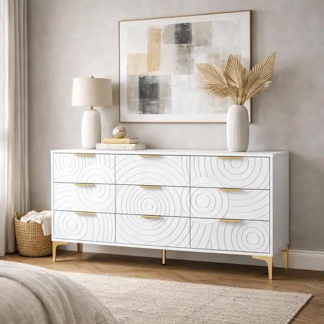 Alt view image 4 of 7 - 9 Drawer Dresser, Modern Wooden Dresser Chest of Drawers with Metal Handles, Large Storage TV Stand for Bedroom, Living Room, Hallway, Closet Organizer (White)
