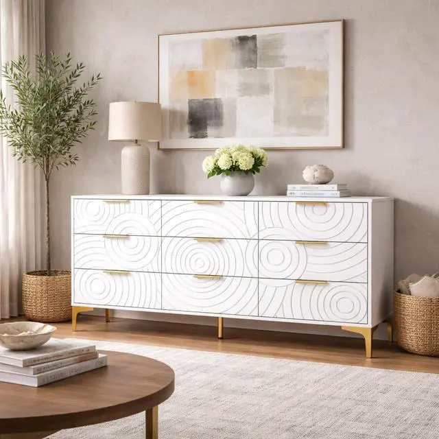 Alt view image 3 of 7 - 9 Drawer Dresser, Modern Wooden Dresser Chest of Drawers with Metal Handles, Large Storage TV Stand for Bedroom, Living Room, Hallway, Closet Organizer (White)