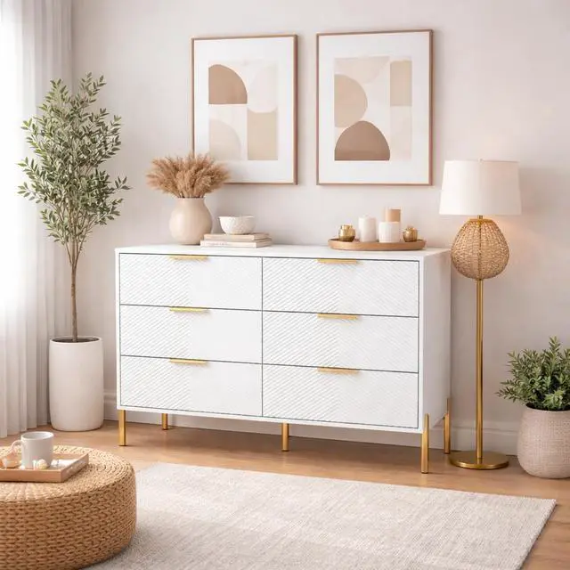 Alt view image 2 of 6 - Modern 6-Drawer Dresser, Wide Wooden Chest of Drawers with Large Storage, Clothes Organizer Cabinet for Bedroom, Living Room, Hallway, Closet (White)