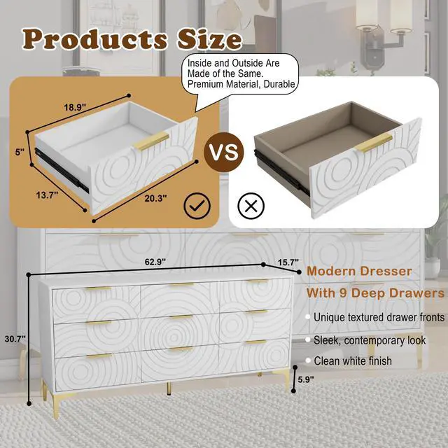 Alt view image 5 of 7 - 9 Drawer Dresser, Modern Wooden Dresser Chest of Drawers with Metal Handles, Large Storage TV Stand for Bedroom, Living Room, Hallway, Closet Organizer (White)