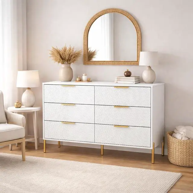 Alt view image 3 of 6 - Modern 6-Drawer Dresser, Wide Wooden Chest of Drawers with Large Storage, Clothes Organizer Cabinet for Bedroom, Living Room, Hallway, Closet (White)