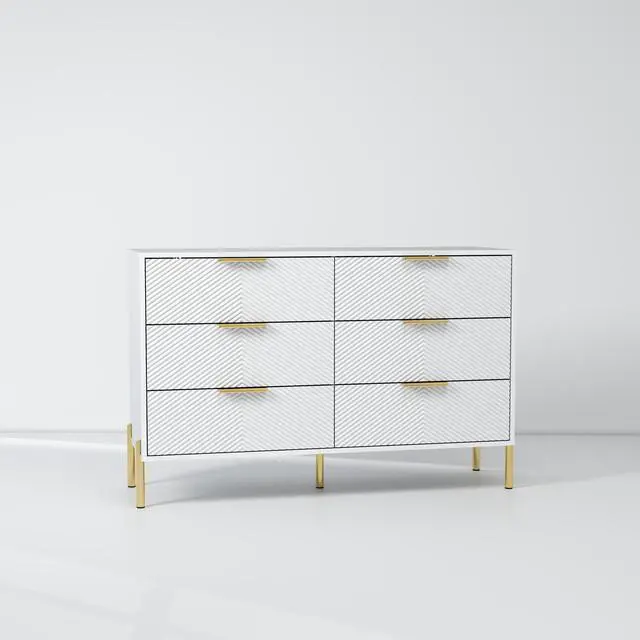 Alt view image 4 of 6 - Modern 6-Drawer Dresser, Wide Wooden Chest of Drawers with Large Storage, Clothes Organizer Cabinet for Bedroom, Living Room, Hallway, Closet (White)