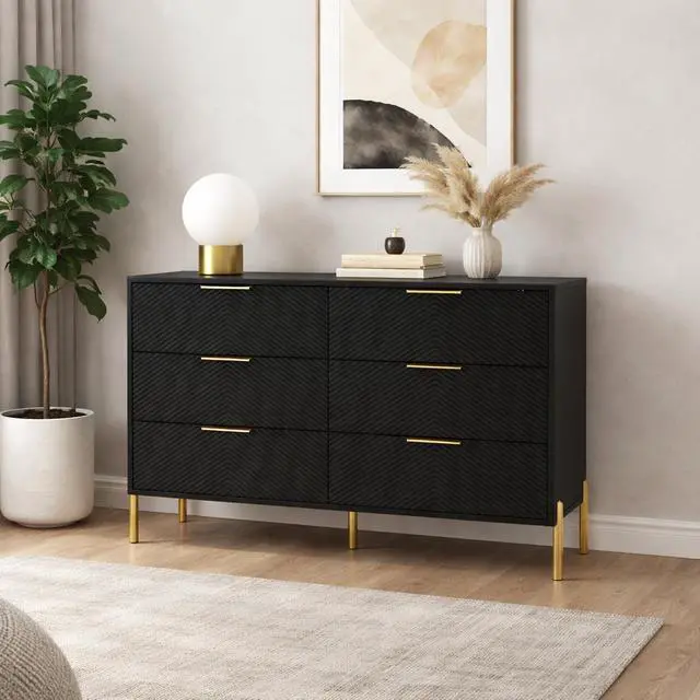 Alt view image 3 of 7 - Modern 6-Drawer Dresser, Wide Wooden Chest of Drawers with Large Storage, Clothes Organizer Cabinet for Bedroom, Living Room, Hallway, Closet (Black)