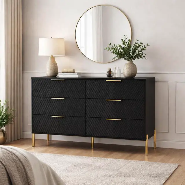 Alt view image 2 of 7 - Modern 6-Drawer Dresser, Wide Wooden Chest of Drawers with Large Storage, Clothes Organizer Cabinet for Bedroom, Living Room, Hallway, Closet (Black)