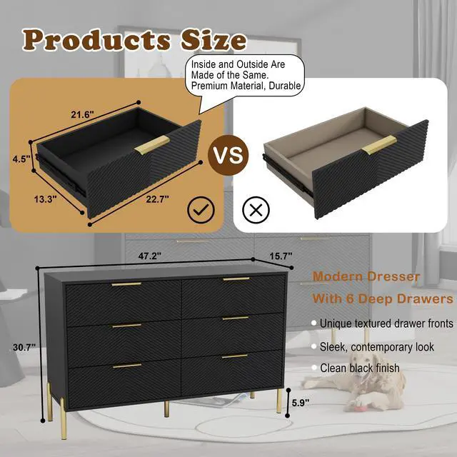 Alt view image 4 of 7 - Modern 6-Drawer Dresser, Wide Wooden Chest of Drawers with Large Storage, Clothes Organizer Cabinet for Bedroom, Living Room, Hallway, Closet (Black)