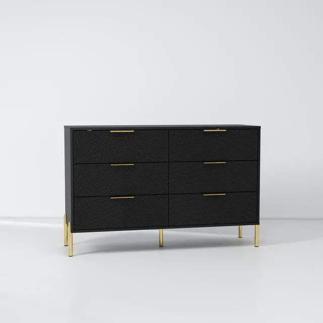 Alt view image 5 of 7 - Modern 6-Drawer Dresser, Wide Wooden Chest of Drawers with Large Storage, Clothes Organizer Cabinet for Bedroom, Living Room, Hallway, Closet (Black)
