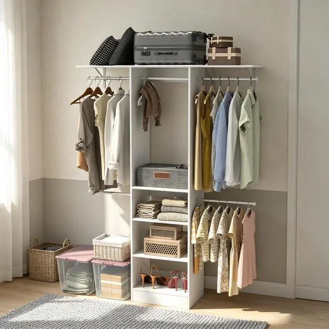 Alt view image 5 of 7 - Closet System, Walk-In Organizer with Adjustable Shelves & 5 Expandable Rods, 3-5Ft, White