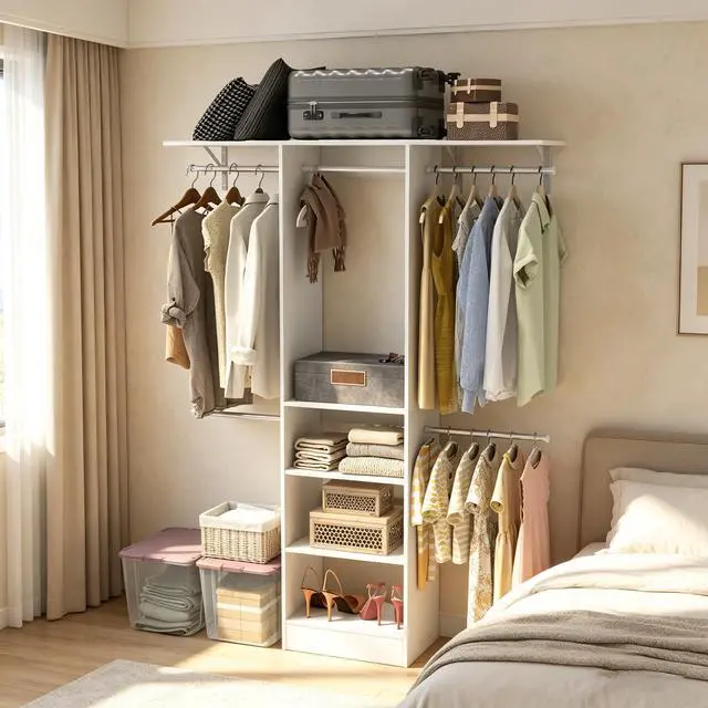 Alt view image 3 of 7 - Closet System, Walk-In Organizer with Adjustable Shelves & 5 Expandable Rods, 3-5Ft, White