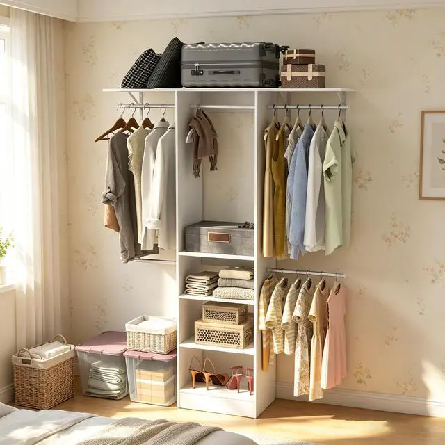 Alt view image 2 of 7 - Closet System, Walk-In Organizer with Adjustable Shelves & 5 Expandable Rods, 3-5Ft, White