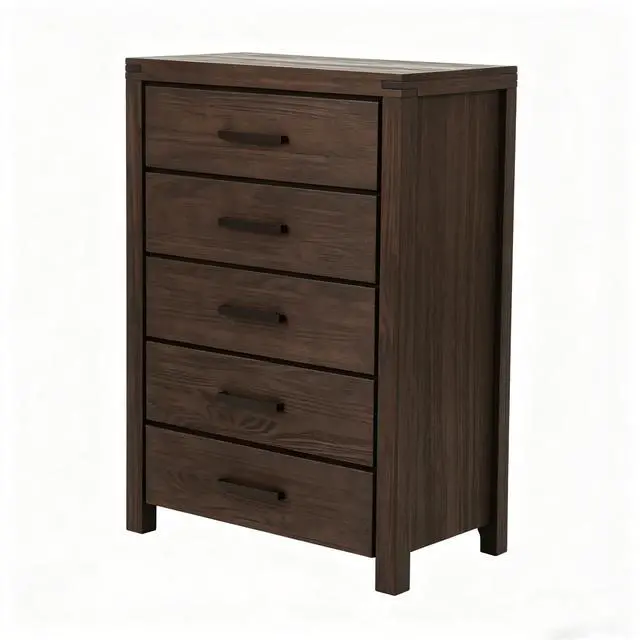 Alt view image 2 of 5 - Dark Brown Pine 5-Drawer Chest, Modern Nordic Bedroom Storage Cabinet, Organizer, Space-Saving 34x17x49 in