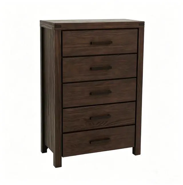 Main image of Dark Brown Pine 5-Drawer Chest, Modern Nordic Bedroom Storage Cabinet, Organizer, Space-Saving 34x17x49 in