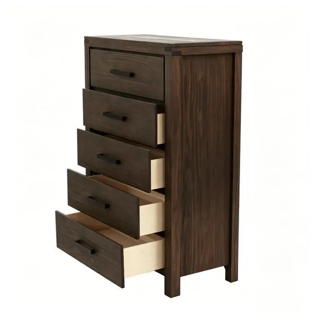 Alt view image 5 of 5 - Dark Brown Pine 5-Drawer Chest, Modern Nordic Bedroom Storage Cabinet, Organizer, Space-Saving 34x17x49 in