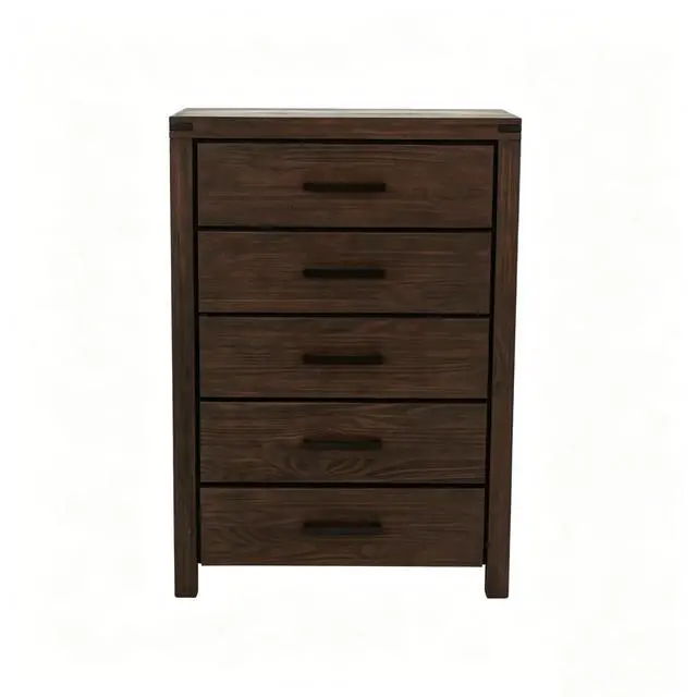 Alt view image 3 of 5 - Dark Brown Pine 5-Drawer Chest, Modern Nordic Bedroom Storage Cabinet, Organizer, Space-Saving 34x17x49 in