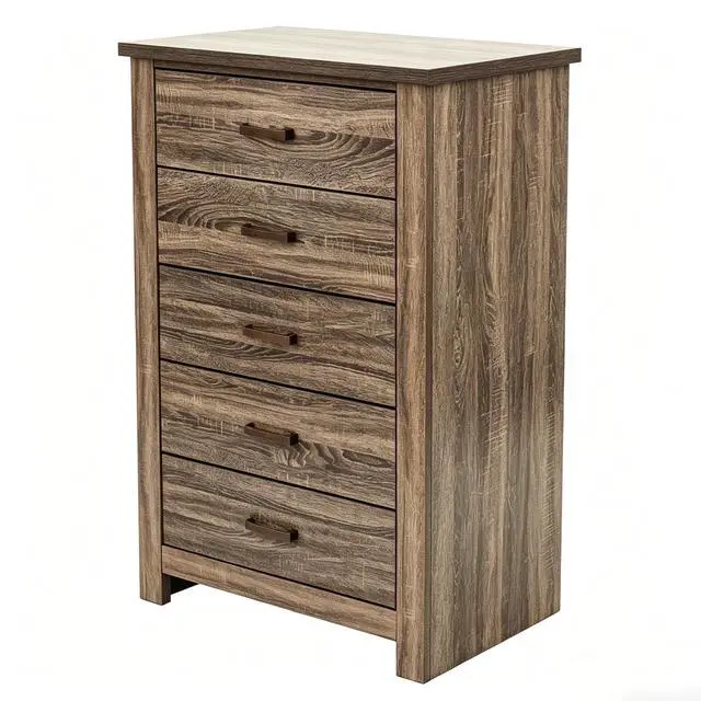 Alt view image 2 of 5 - Modern Nordic Bedroom Storage Organizer, Dark Brown Wood 5-Drawer Chest, Space-Saving 34x16x49 in