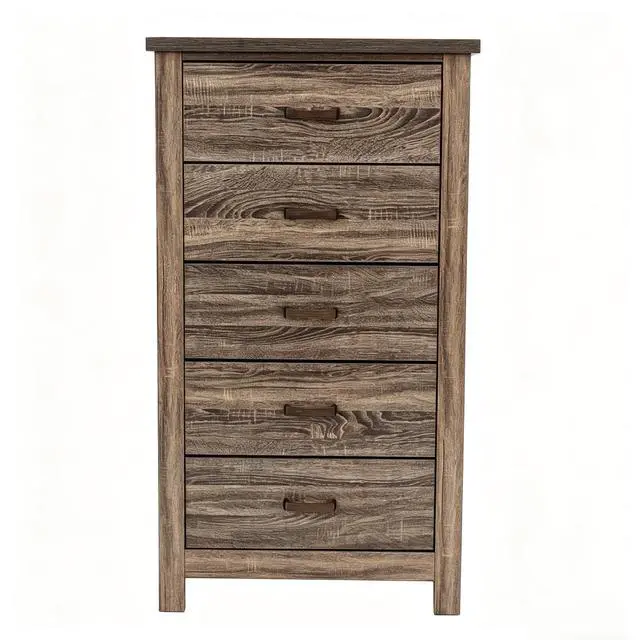 Alt view image 3 of 5 - Modern Nordic Bedroom Storage Organizer, Dark Brown Wood 5-Drawer Chest, Space-Saving 34x16x49 in