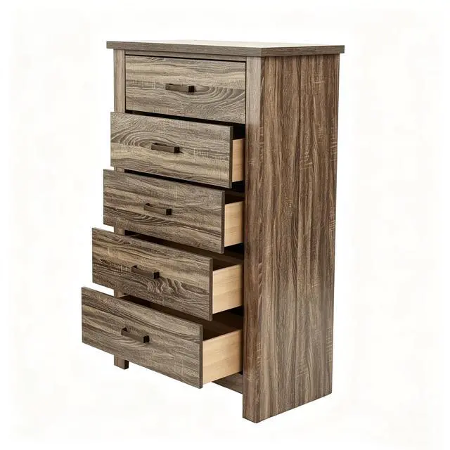 Alt view image 4 of 5 - Modern Nordic Bedroom Storage Organizer, Dark Brown Wood 5-Drawer Chest, Space-Saving 34x16x49 in