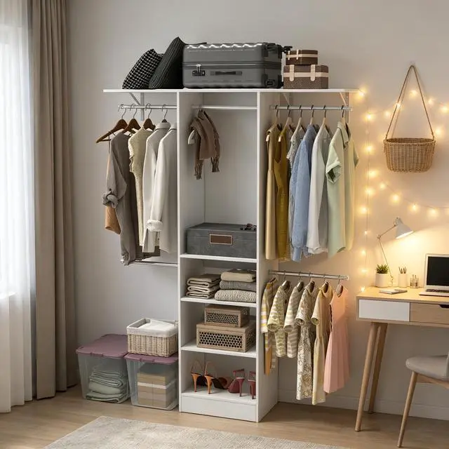 Alt view image 6 of 7 - Closet System, Walk-In Organizer with Adjustable Shelves & 5 Expandable Rods, 3-5Ft, White