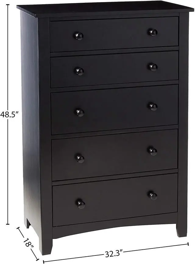 Alt view image 4 of 7 - Contemporary Black Finish 1Pc Chest Of Drawers Plywood Pine Veneer Bedroom Furniture 5 Drawers Tall Chest