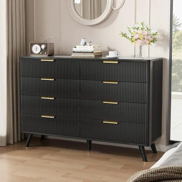 Alt view image 2 of 7 - 8 Drawer Dresser for Bedroom, Fluted Wooden Chest of Drawers for Children's Room, Nursery, Entrance, Black, 47.2"W x 15"D x 35.4"H