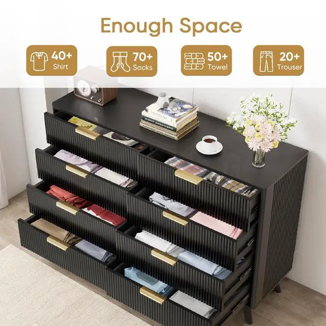 Alt view image 4 of 7 - 8 Drawer Dresser for Bedroom, Fluted Wooden Chest of Drawers for Children's Room, Nursery, Entrance, Black, 47.2"W x 15"D x 35.4"H